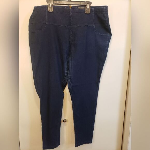 Dark Blue Denim Pull On Ankle Skinny Jeans Gold Exposed Zipper Detail Stretchy - Picture 3 of 9